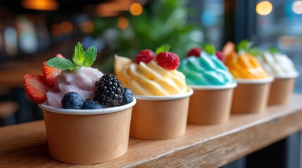 Poster - Colorful Frozen Yogurt Cups Topped With Fresh Berries on Wooden Table, Representing Sweet Indulgence