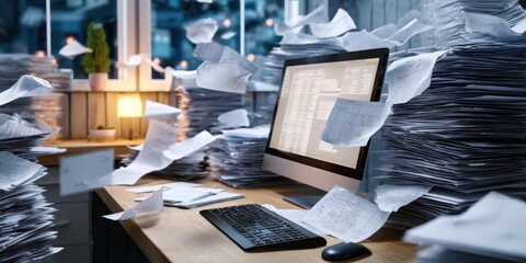 Poster - Overwhelmed Desk With Computer and Flying Papers, Representing Stress and Deadline Pressure