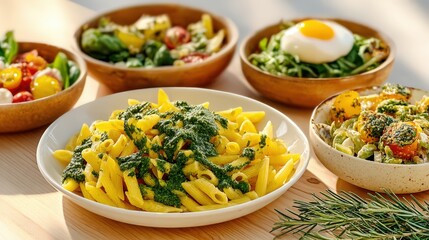 Poster - Pasta Salad Bowls on Wooden Table, Representing Healthy Eating and Culinary Lifestyle