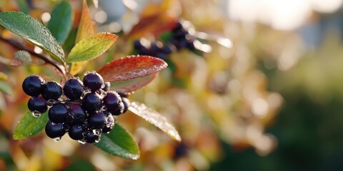 Poster - Close Up of Aronia Berries With Water Droplets, Symbolizing Freshness and Healthy Lifestyle