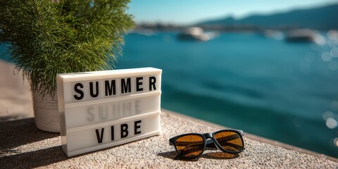 Poster - Summer Vibe Sign With Sunglasses Overlooking Ocean, Representing Travel and Vacation Lifestyle