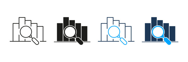 Fototapete - bar chart with magnifying glass line and solid icon set. data analysis, business insights, and stati