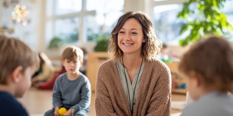Poster - Smiling Teacher With Students in Classroom, Representing Early Childhood Education and Learning