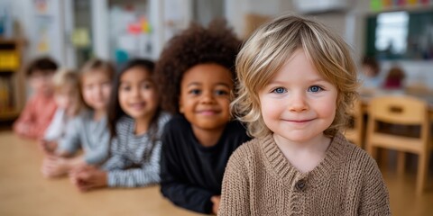 Poster - Diverse Group of Children Smiling in Classroom, Representing Education and Childhood Development