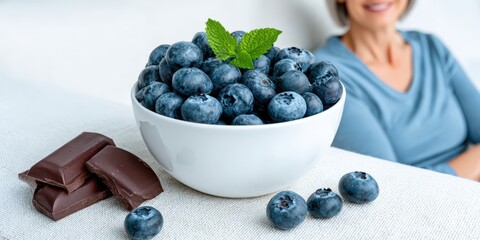 Poster - Bowl of Fresh Blueberries and Chocolate With Mint, Representing Healthy Eating and Lifestyle