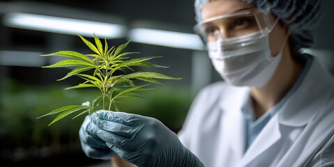 Aufkleber - Scientist Holding Cannabis Plant in Lab, Representing Pharmaceutical Research and Medical Innovation