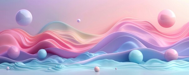 Poster - Abstract pastel background with fluid waves and spheres in soft pink, blue, and purple colors