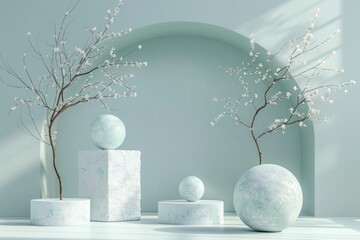 Poster - Minimalist archway scene with geometric shapes and blossoming branches in soft light