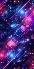 Poster - Purple and blue illuminated circuit board with glowing neon lights