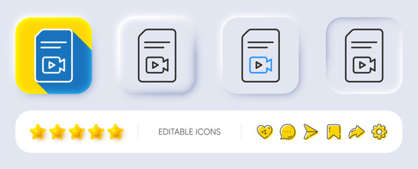 Poster - Document with Video content line icon. Neumorphic, Flat shadow, 3d buttons. Vlog File with Camera sign. Paper page concept symbol. Line video file icon. Social media icons. Vector