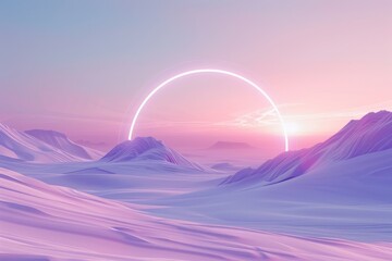 Poster - Abstract landscape with purple dunes and white circle in pastel sunset
