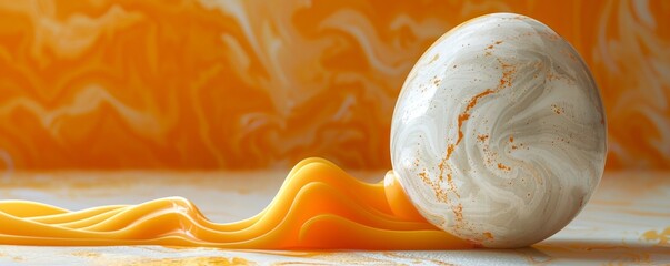 Poster - Marble sphere on flowing orange surface with abstract background