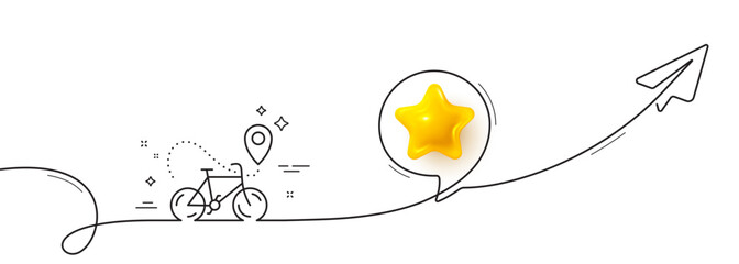 Poster - Bike delivery line icon. Continuous line with share plane. Contactless order sign. Package delivery symbol. 3d star in speech bubble. Bike delivery single line ribbon. Loop curve pattern. Vector