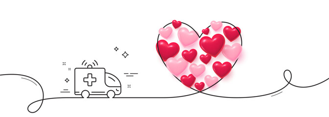 Poster - ambulance car line icon. continuous line big heart. medical emergency transport sign. 3d hearts in h