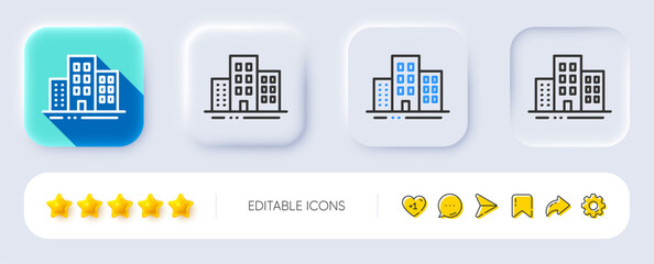 Poster - Buildings line icon. Neumorphic, Flat shadow, 3d buttons. City apartments sign. Architecture building symbol. Line buildings icon. Social media icons. Vector