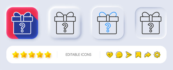 Poster - Gift box with Question mark line icon. Neumorphic, Flat shadow, 3d buttons. Present or Sale sign. Birthday Shopping symbol. Package in Gift Wrap. Line secret gift icon. Social media icons. Vector