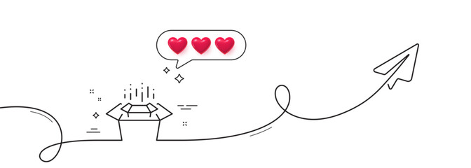 Poster - Packing boxes line icon. Continuous line with share plane. Delivery parcel sign. Cargo box symbol. Hearts rate review in speech bubble. Packing boxes single line ribbon. Loop curve pattern. Vector