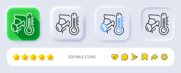 Poster - Sick man with mask line icon. Neumorphic, Flat shadow, 3d buttons. Temperature thermometer sign. Flu illness symbol. Line sick man icon. Social media icons. Vector