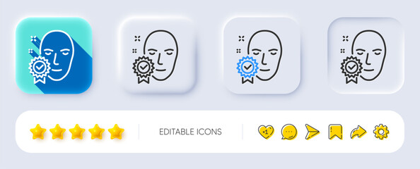 Poster - Face verified line icon. Neumorphic, Flat shadow, 3d buttons. Access granted sign. Facial identification success symbol. Line face verified icon. Social media icons. Vector