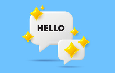 Poster - Hello chat speech bubble. Social media concept. Hello welcome tag. Hi invitation offer. Formal greetings message. 3d sparkles chat bubble. Vector