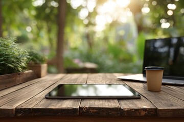 Poster - Working outdoors on a rustic wooden table with a laptop, tablet, and coffee amidst nature, creating a serene and productive workspace with a leafy bokeh background.