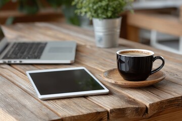 Aufkleber - A close-up shot of a coffee cup, tablet, and laptop on a wooden table, creating a workspace or relaxed business atmosphere, with natural light highlighting the details.