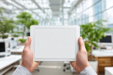 Aufkleber - Hands holding a tablet with a blank screen in a modern office environment, providing a mockup space for business applications and presentations, showcasing technology use.