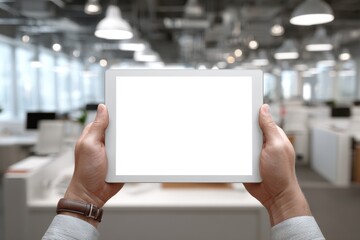 Aufkleber - Man holding a blank white tablet screen in a modern office, showcasing digital communication, technology for business presentations and data analysis in a workplace.