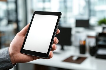 Poster - A professional man holds a tablet device with a bright, white screen in office, showcasing modern technology and connectivity in a workplace setting. Focus on display.
