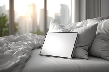 Aufkleber - A digital tablet sits on a plush white bed with soft pillows, the window shows a glimpse of the city buildings outside in the bright morning light, creating a serene atmosphere.