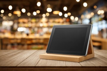 Aufkleber - Tablet on a rustic wooden table with blurred cafe background showcasing its sleek design, making it perfect for showcasing applications and websites on a cozy setup.