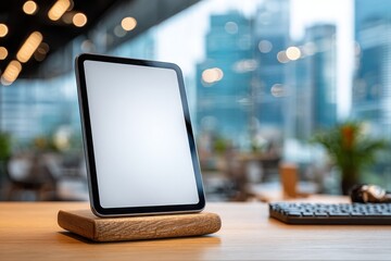 Aufkleber - Close-up view of a tablet with a blank white screen on a wooden stand, perfectly placed on a desk with a blurred city skyline in the background, great for ads.