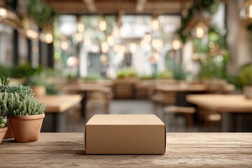 Aufkleber - A close-up of a blank cardboard box on a wooden table in a cafe with blurred background and green plants, creating a natural and cozy atmosphere for branding.