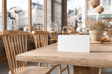 Aufkleber - A white blank card sitting on a light wooden table inside a cozy restaurant, with a view of the city through the windows, natural light fills the space, inviting ambiance.