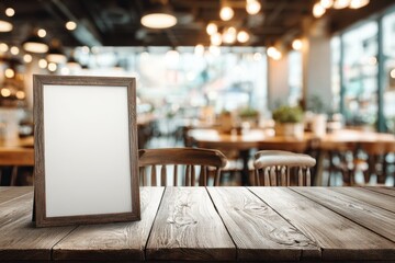 Aufkleber - A rustic wooden frame stands on a wooden table in a blurred cafe setting, perfect for displaying artwork or a menu, creating a warm and inviting atmosphere.