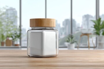 Poster - A square glass jar with a wooden lid sits on a wooden surface, the window is large and displays city view, modern clean kitchen, interior design is elegant and peaceful.