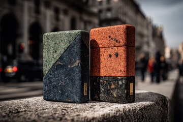 Poster - Unique textured speakers showcasing an abstract design and earthy tones, placed against a blurred cityscape background, create a modern and artistic vibe.