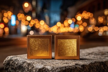 Poster - Two elegant golden boxes set against a blurred urban background with sparkling lights, creating a luxurious and festive atmosphere for gifts or special occasions.