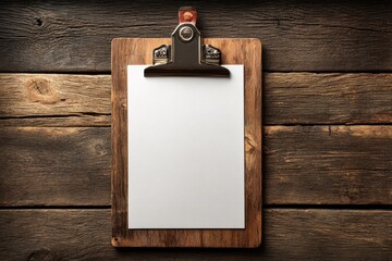 Poster - A rustic wooden clipboard with a blank white paper, ready for notes or a message, set against a textured, aged wooden background for a vintage feel and aesthetic appeal.