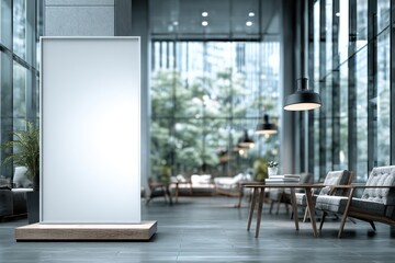 Poster - A bright interior space with a modern frame for posters or advertising, surrounded by trendy furniture and large windows showing lush green trees and building exteriors.