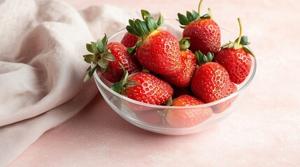 Poster - Fresh strawberries in a clear bowl on a soft pastel surface with a fabric draped beside it