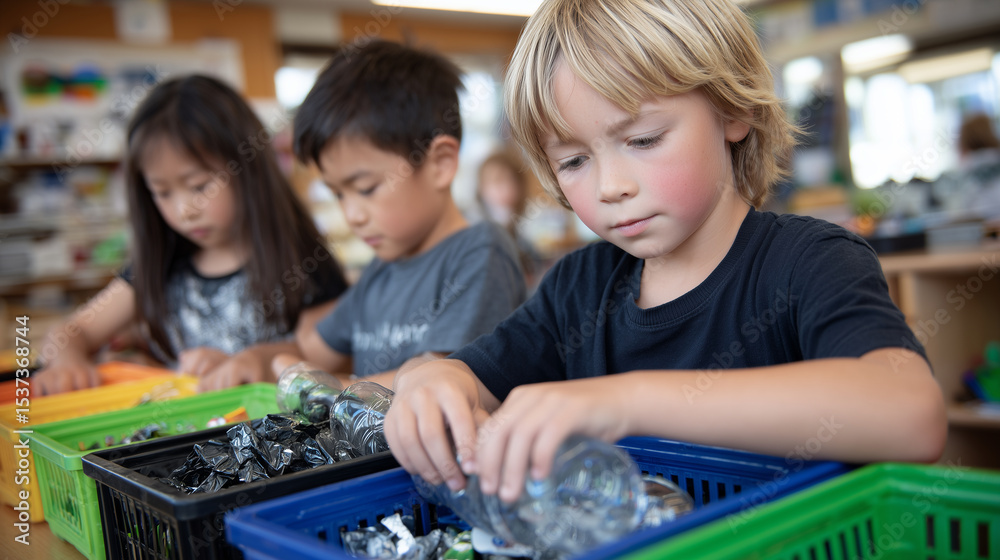 Children learning about recycling, placing bottles and cans into color ...