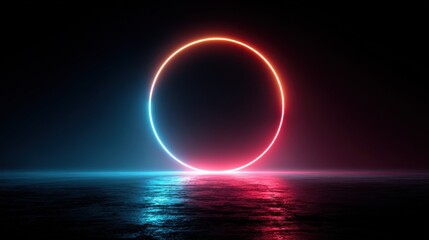 Poster - 3d render, abstract neon background. Glowing neon ring, gradient light. Blank round frame --no hard shadows, dark background, dark colors and shades, text --ar 16:9 --stylize 250 --v 7 Job ID: eafb649