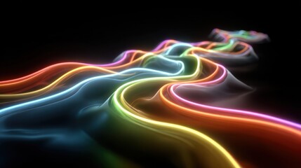 Poster - A colorful line of neon lights that are glowing in the dark. The colors are bright and vibrant, creating a sense of energy and excitement. The line seems to be moving or flowing