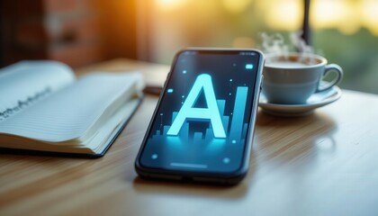 Poster - Sleek Smartphone Displaying AI Logo on Wooden Table with Coffee