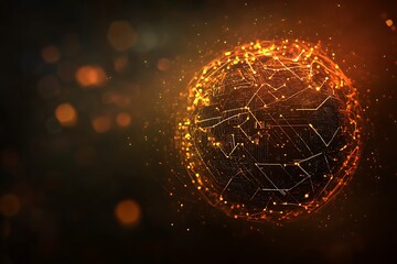 Wall Mural - Abstract glowing sphere with circuit board pattern on a dark background with bokeh lights