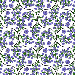 Poster - Elegant Seamless Vector Pattern with Delicate Purple Periwinkle Flowers and Black Curves on White Background