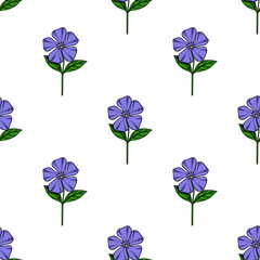 Poster - Seamless vector pattern of stylized periwinkle flowers with vibrant purple petals and dark green leaves on a white background, perfect for textile prints or digital designs.