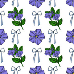 Poster - Seamless vector pattern featuring delicate periwinkle flowers and light blue bows on a white background, creating a charming and elegant design perfect for various applications.