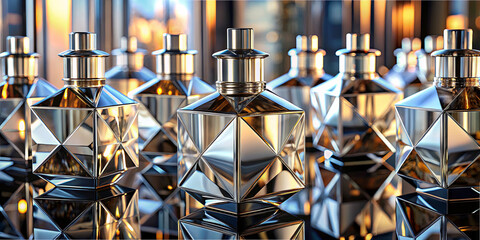 Poster - Several beautifully designed perfume bottles in geometric shapes are placed on a reflective surface, illuminated by warm golden hour light. The arrangement showcases their intricate details